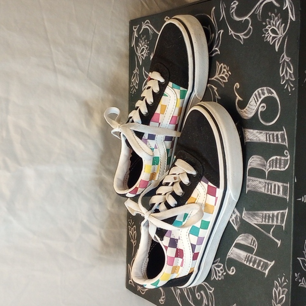 Vans Old Skool shoes, kids, black w/ rainbow checkers, size 1